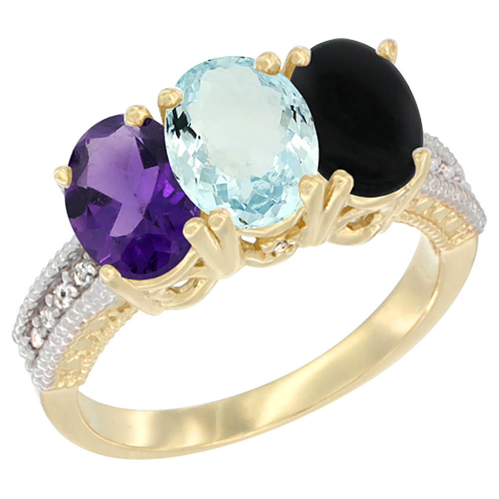 10K Yellow Gold Diamond Natural Amethyst, Aquamarine &amp; Black Onyx Ring Oval 3-Stone 7x5 mm,sizes 5-10