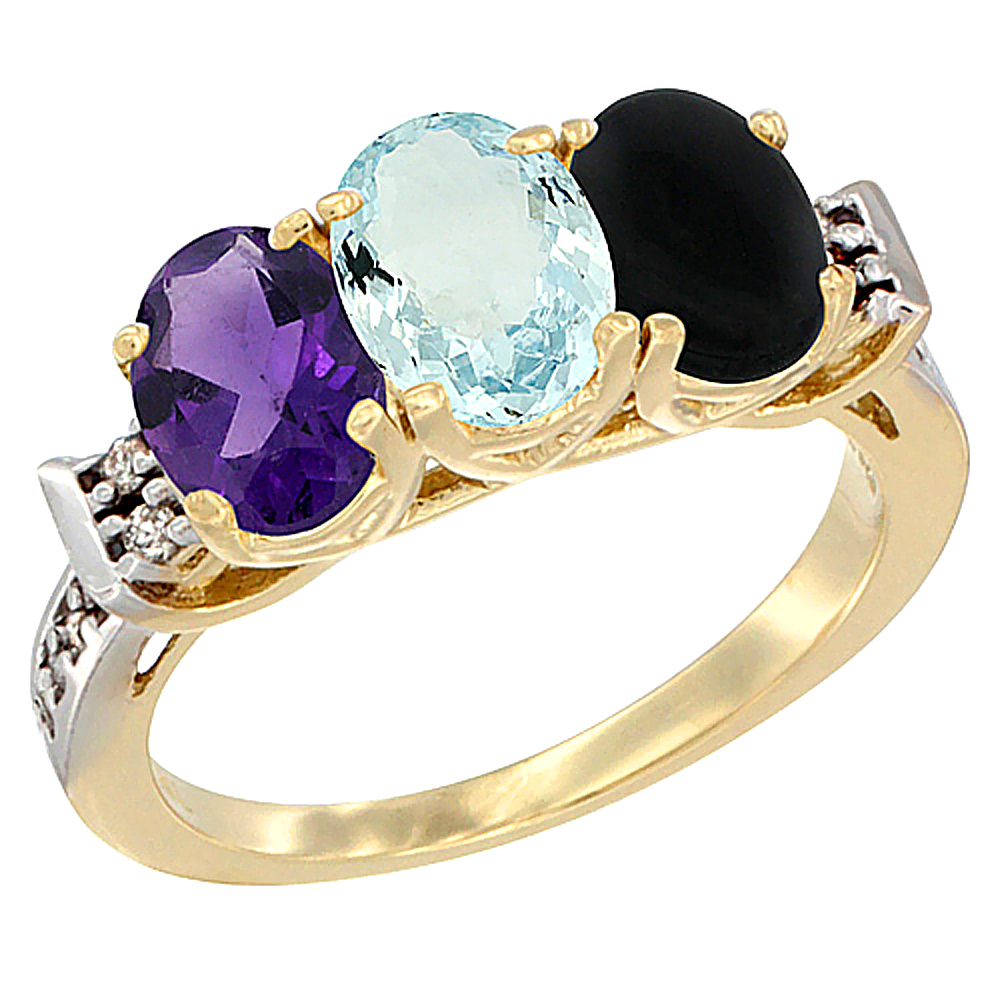 10K Yellow Gold Natural Amethyst, Aquamarine & Black Onyx Ring 3-Stone Oval 7x5 mm Diamond Accent, sizes 5 - 10