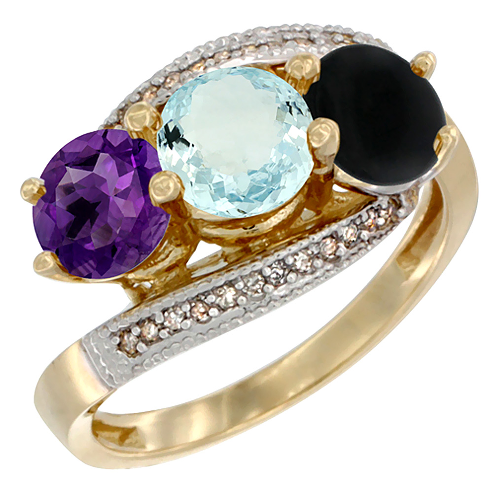 14K Yellow Gold Natural Amethyst, Aquamarine &amp; Black Onyx 3 stone Ring Round 6mm Diamond Accent, sizes 5 - 10