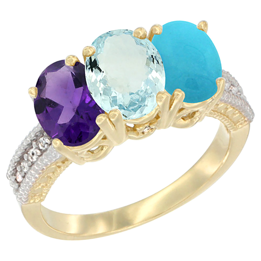 14K Yellow Gold Natural Amethyst, Aquamarine & Turquoise Ring 3-Stone 7x5 mm Oval Diamond Accent, sizes 5 - 10