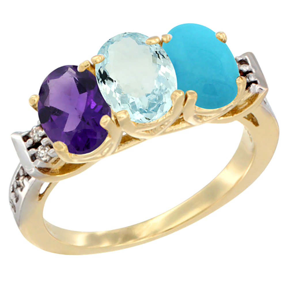 14K Yellow Gold Natural Amethyst, Aquamarine &amp; Turquoise Ring 3-Stone 7x5 mm Oval Diamond Accent, sizes 5 - 10