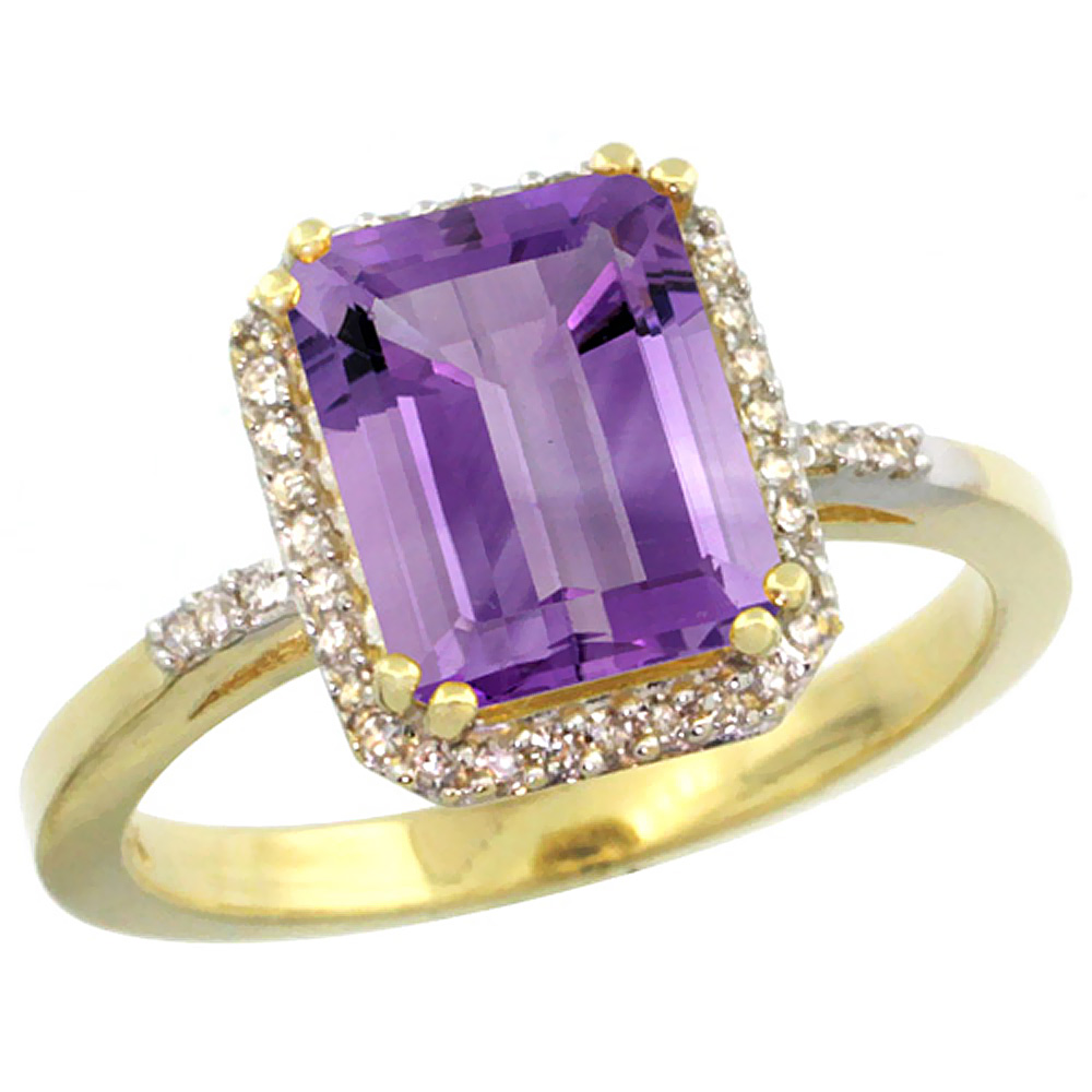 14K Yellow Gold Diamond Natural Amethyst Ring Emerald-cut 9x7mm, sizes 5-10