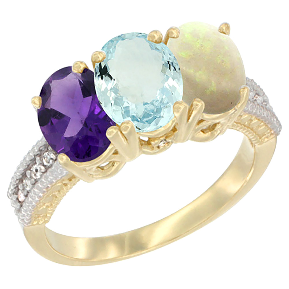 14K Yellow Gold Natural Amethyst, Aquamarine & Opal Ring 3-Stone 7x5 mm Oval Diamond Accent, sizes 5 - 10
