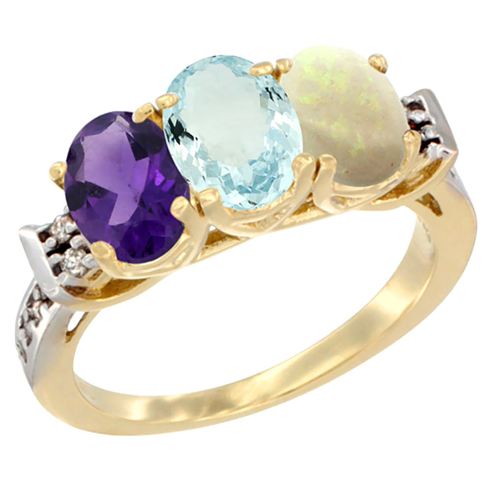 14K Yellow Gold Natural Amethyst, Aquamarine &amp; Opal Ring 3-Stone 7x5 mm Oval Diamond Accent, sizes 5 - 10