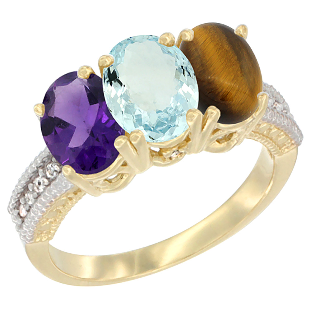 10K Yellow Gold Diamond Natural Amethyst, Aquamarine & Tiger Eye Ring Oval 3-Stone 7x5 mm,sizes 5-10