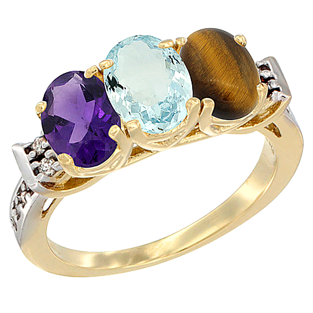 14K Yellow Gold Natural Amethyst, Aquamarine &amp; Tiger Eye Ring 3-Stone 7x5 mm Oval Diamond Accent, sizes 5 - 10