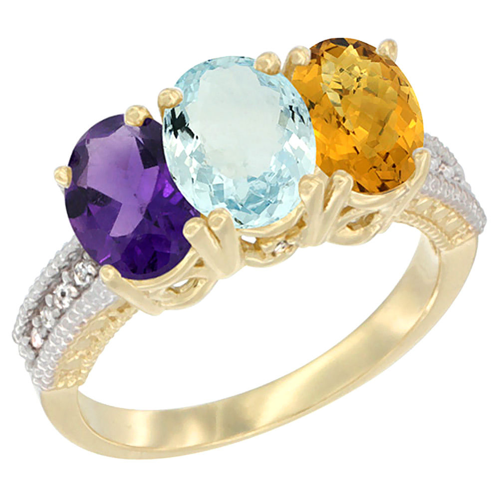 14K Yellow Gold Natural Amethyst, Aquamarine & Whisky Quartz Ring 3-Stone 7x5 mm Oval Diamond Accent, sizes 5 - 10