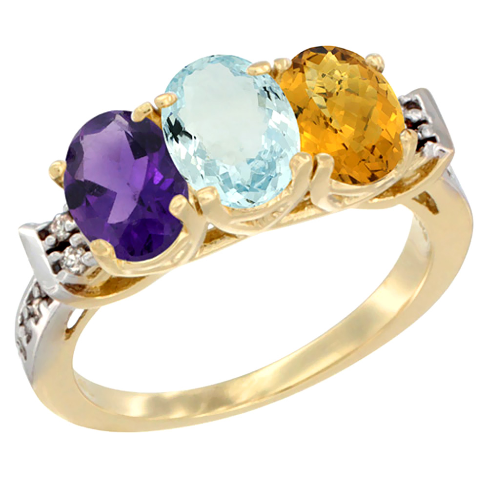 14K Yellow Gold Natural Amethyst, Aquamarine &amp; Whisky Quartz Ring 3-Stone 7x5 mm Oval Diamond Accent, sizes 5 - 10