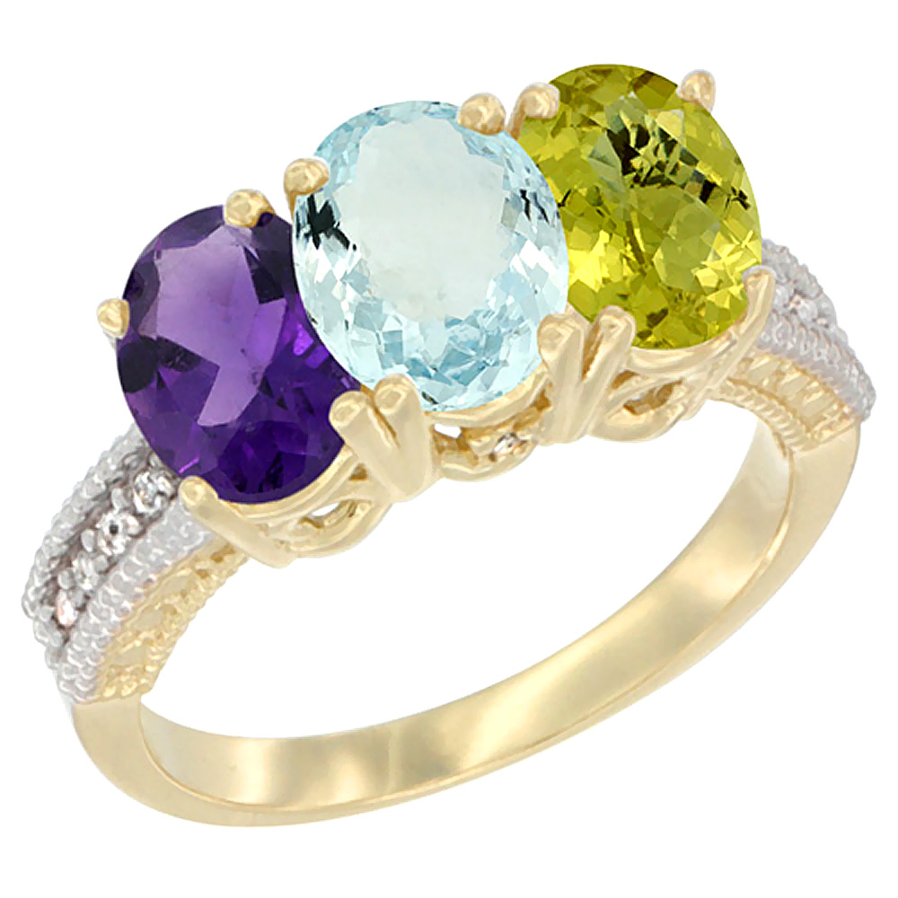 14K Yellow Gold Natural Amethyst, Aquamarine & Lemon Quartz Ring 3-Stone 7x5 mm Oval Diamond Accent, sizes 5 - 10