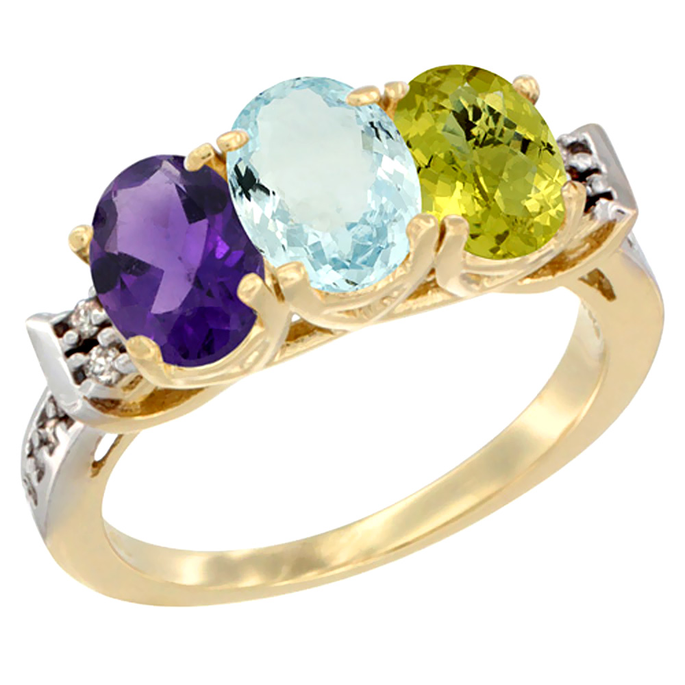 10K Yellow Gold Natural Amethyst, Aquamarine & Lemon Quartz Ring 3-Stone Oval 7x5 mm Diamond Accent, sizes 5 - 10