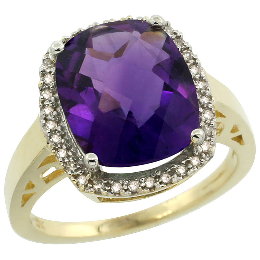 14K Yellow Gold Diamond Natural Amethyst Ring Cushion-cut 12x10mm, sizes 5-10