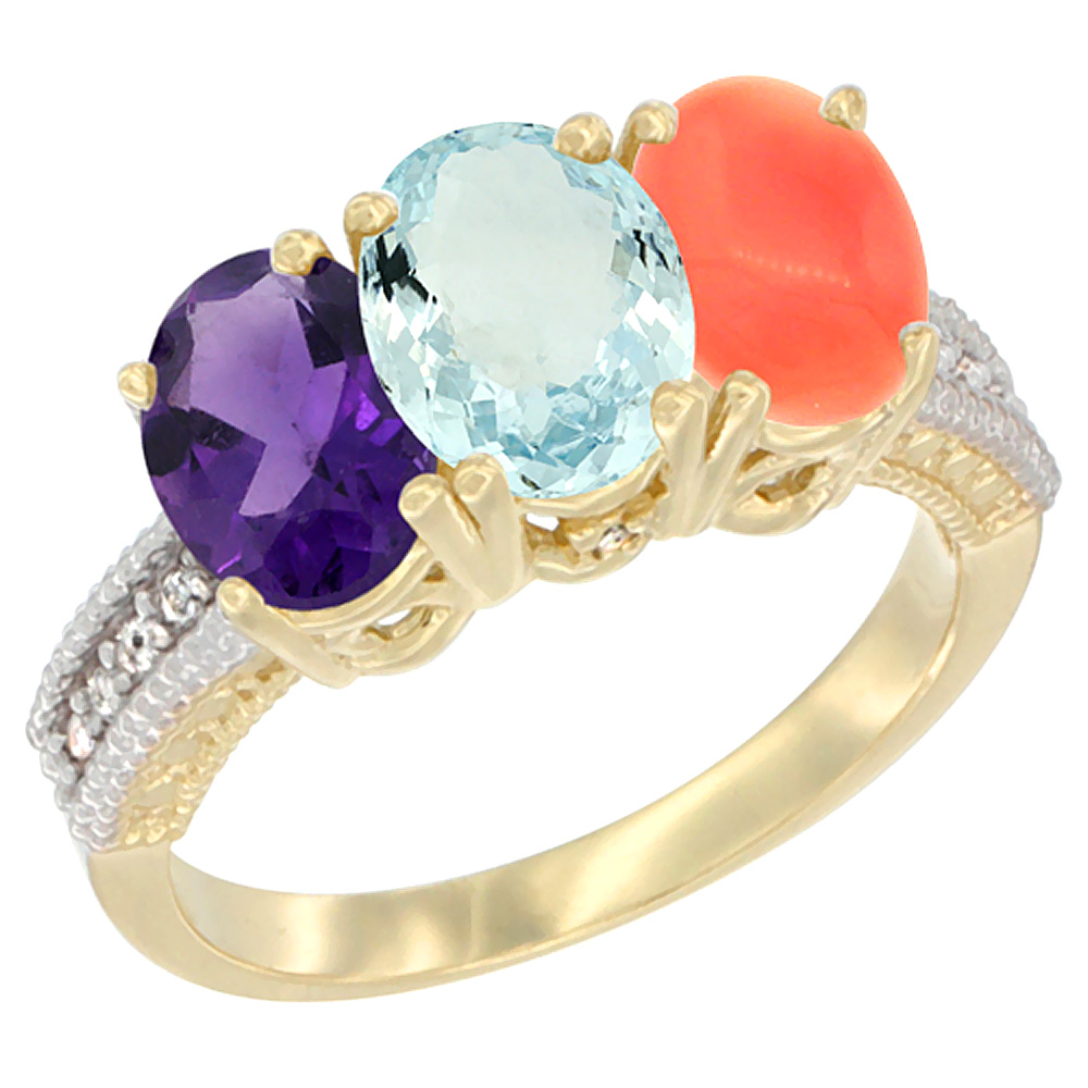 10K Yellow Gold Diamond Natural Amethyst, Aquamarine & Coral Ring Oval 3-Stone 7x5 mm,sizes 5-10