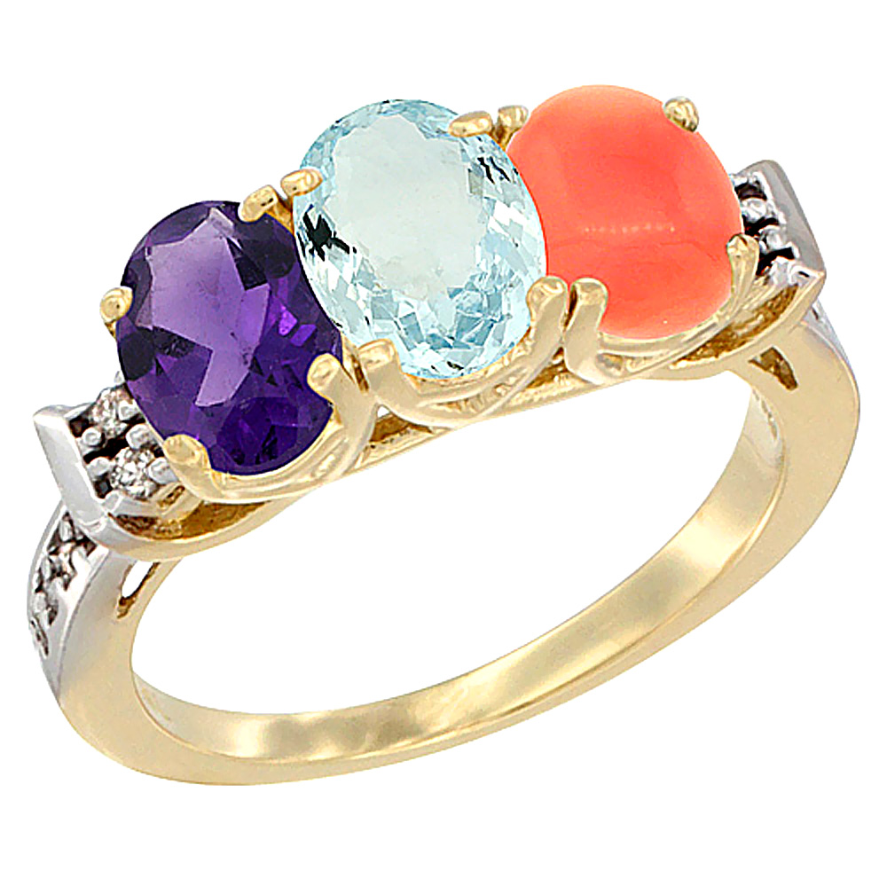 14K Yellow Gold Natural Amethyst, Aquamarine &amp; Coral Ring 3-Stone 7x5 mm Oval Diamond Accent, sizes 5 - 10
