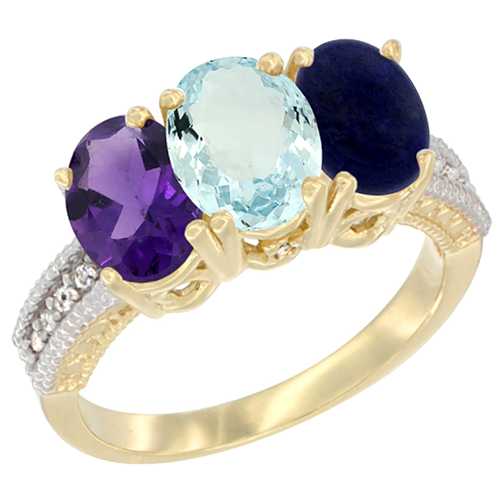 14K Yellow Gold Natural Amethyst, Aquamarine & Lapis Ring 3-Stone 7x5 mm Oval Diamond Accent, sizes 5 - 10