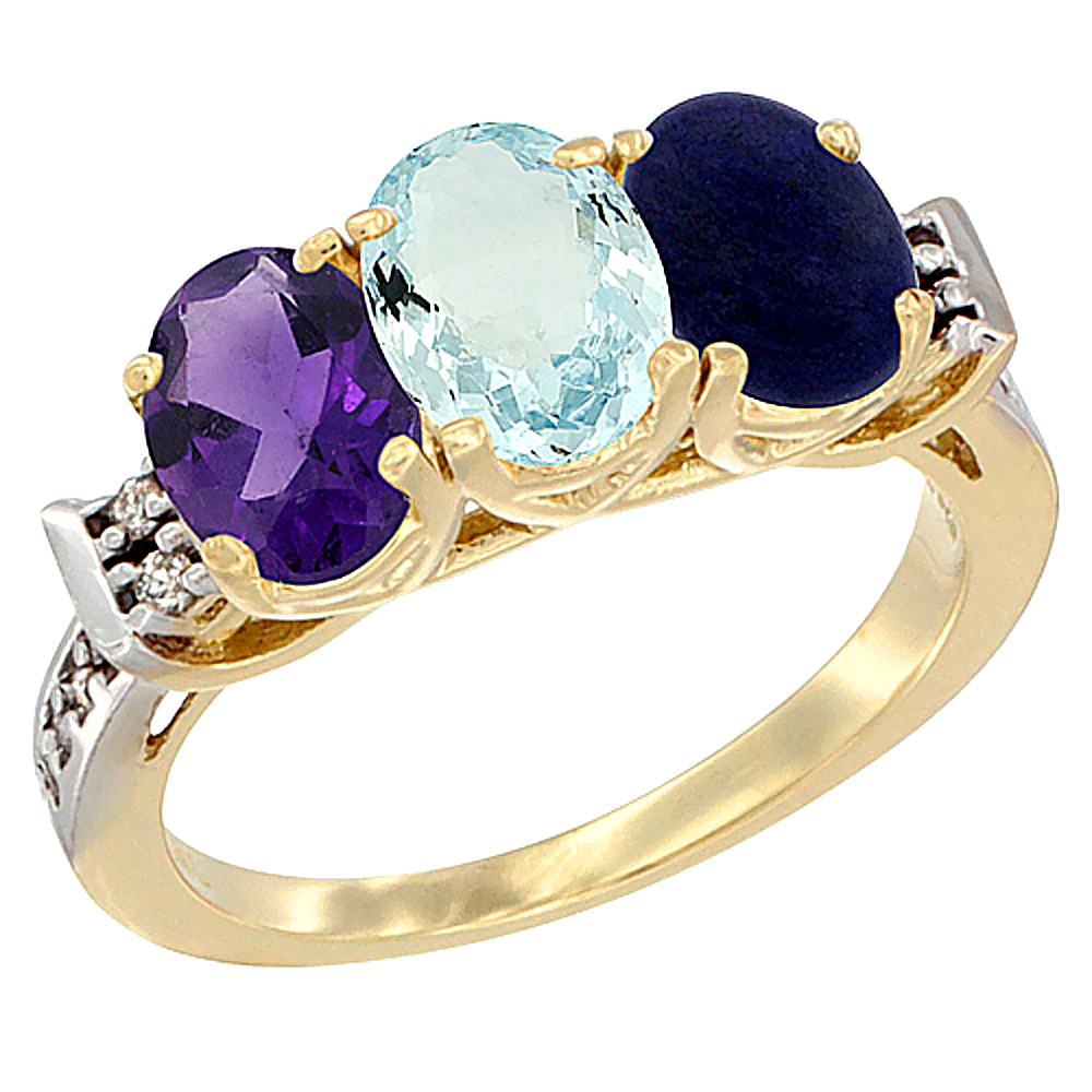 14K Yellow Gold Natural Amethyst, Aquamarine &amp; Lapis Ring 3-Stone 7x5 mm Oval Diamond Accent, sizes 5 - 10