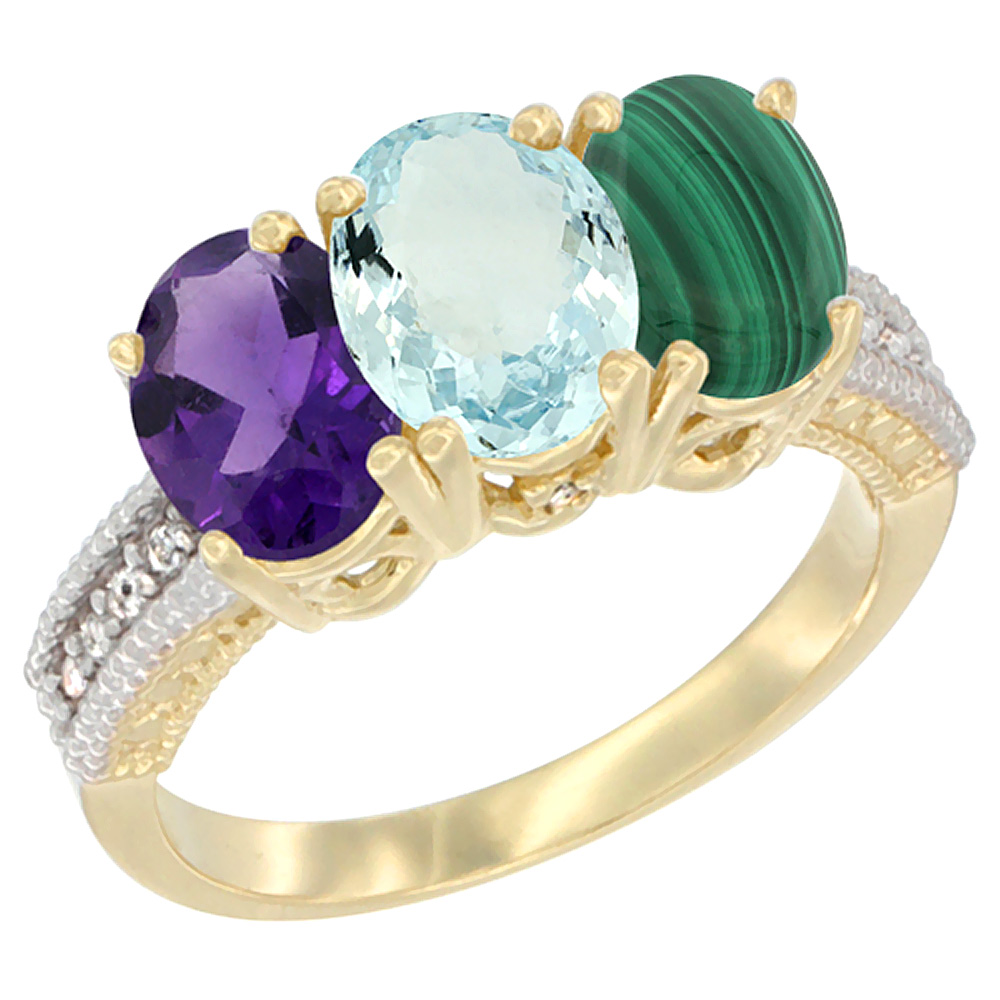 14K Yellow Gold Natural Amethyst, Aquamarine &amp; Malachite Ring 3-Stone 7x5 mm Oval Diamond Accent, sizes 5 - 10