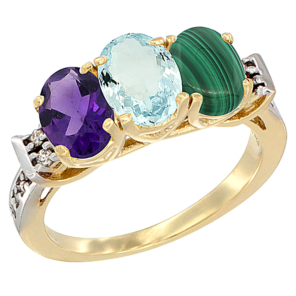 10K Yellow Gold Natural Amethyst, Aquamarine & Malachite Ring 3-Stone Oval 7x5 mm Diamond Accent, sizes 5 - 10