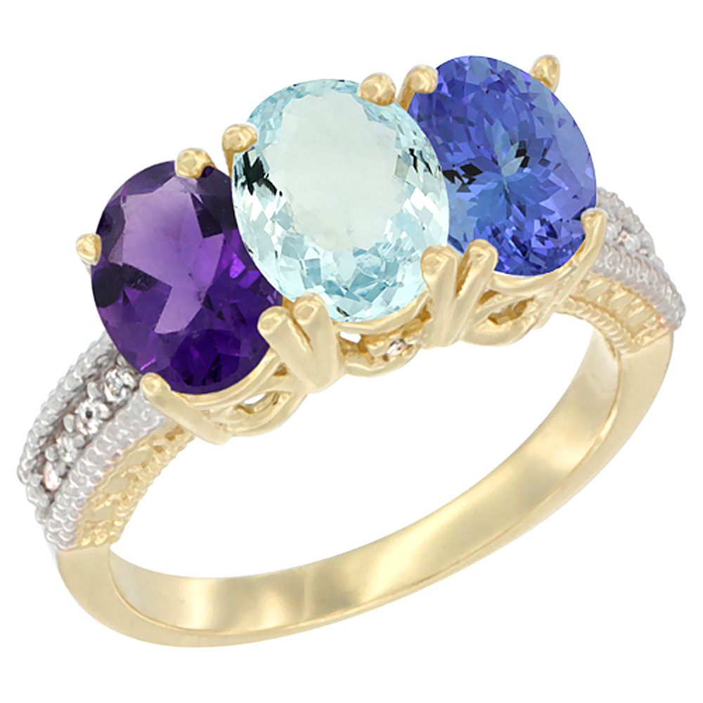 14K Yellow Gold Natural Amethyst, Aquamarine &amp; Tanzanite Ring 3-Stone 7x5 mm Oval Diamond Accent, sizes 5 - 10