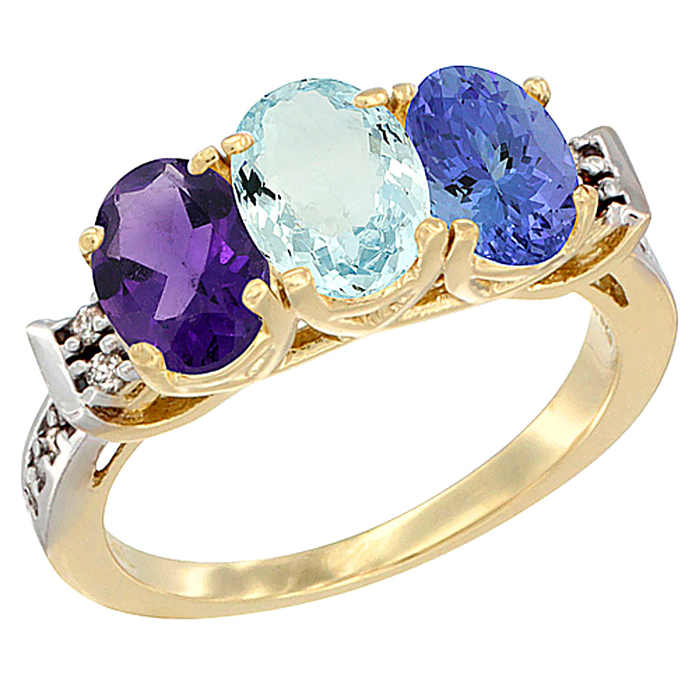 14K Yellow Gold Natural Amethyst, Aquamarine & Tanzanite Ring 3-Stone 7x5 mm Oval Diamond Accent, sizes 5 - 10