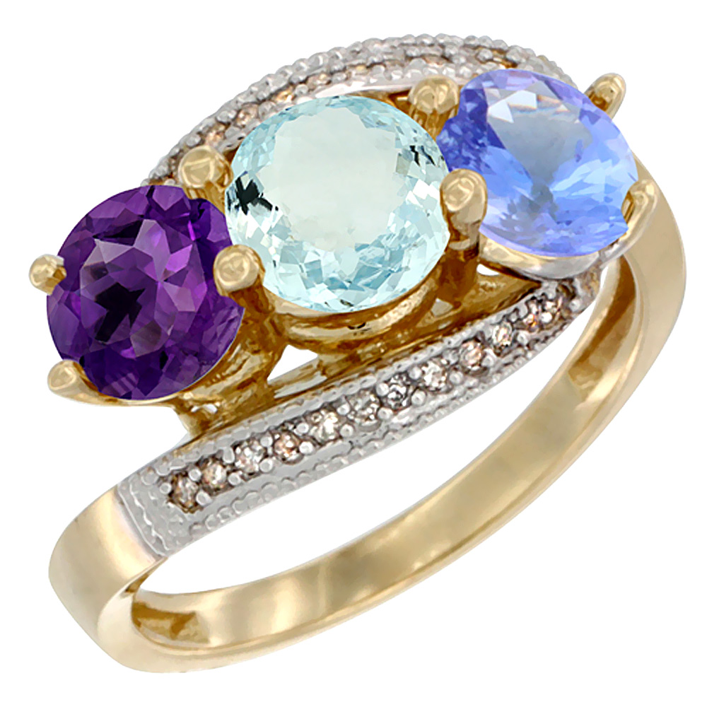 14K Yellow Gold Natural Amethyst, Aquamarine &amp; Tanzanite 3 stone Ring Round 6mm Diamond Accent, sizes 5 - 10