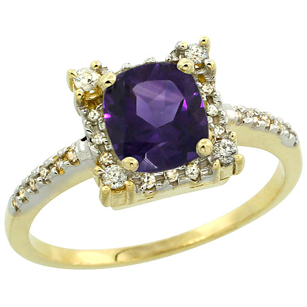 14K Yellow Gold Natural Amethyst Ring Cushion-cut 6x6mm Diamond Halo, sizes 5-10