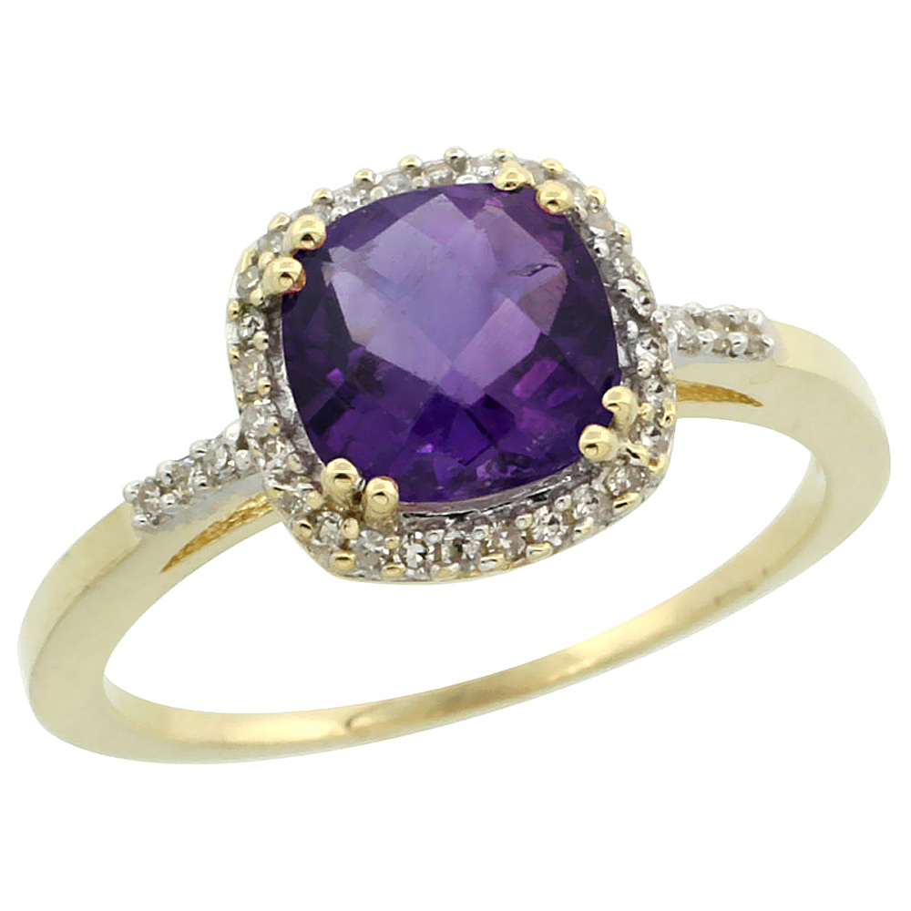 14K Yellow Gold Diamond Natural Amethyst Ring Cushion-cut 7x7mm, sizes 5-10