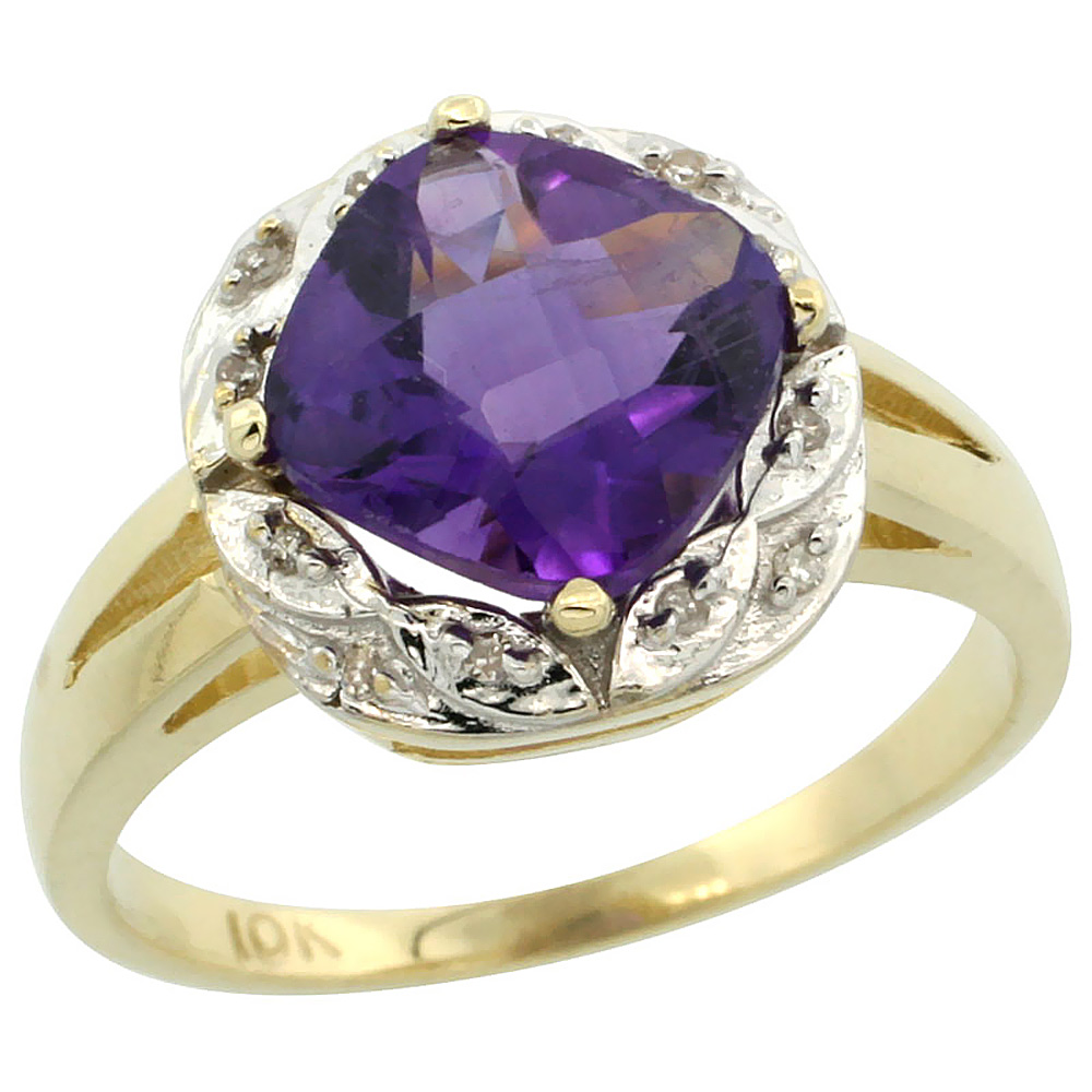 10k Yellow Gold Diamond Halo Genuine Amethyst Ring Cushion-cut 8x8mm sizes 5-10