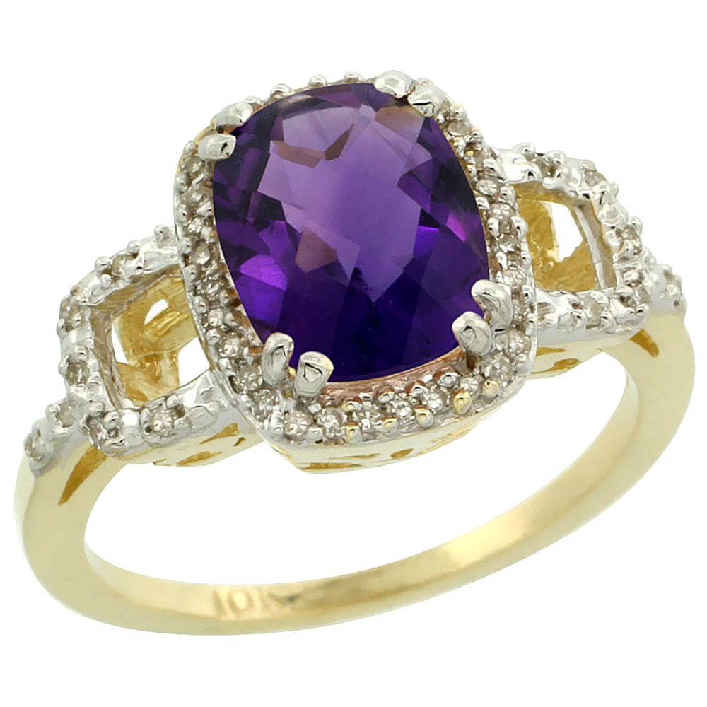 10K Yellow Gold Diamond Genuine Amethyst Ring Cushion-cut 9x7mm sizes 5-10