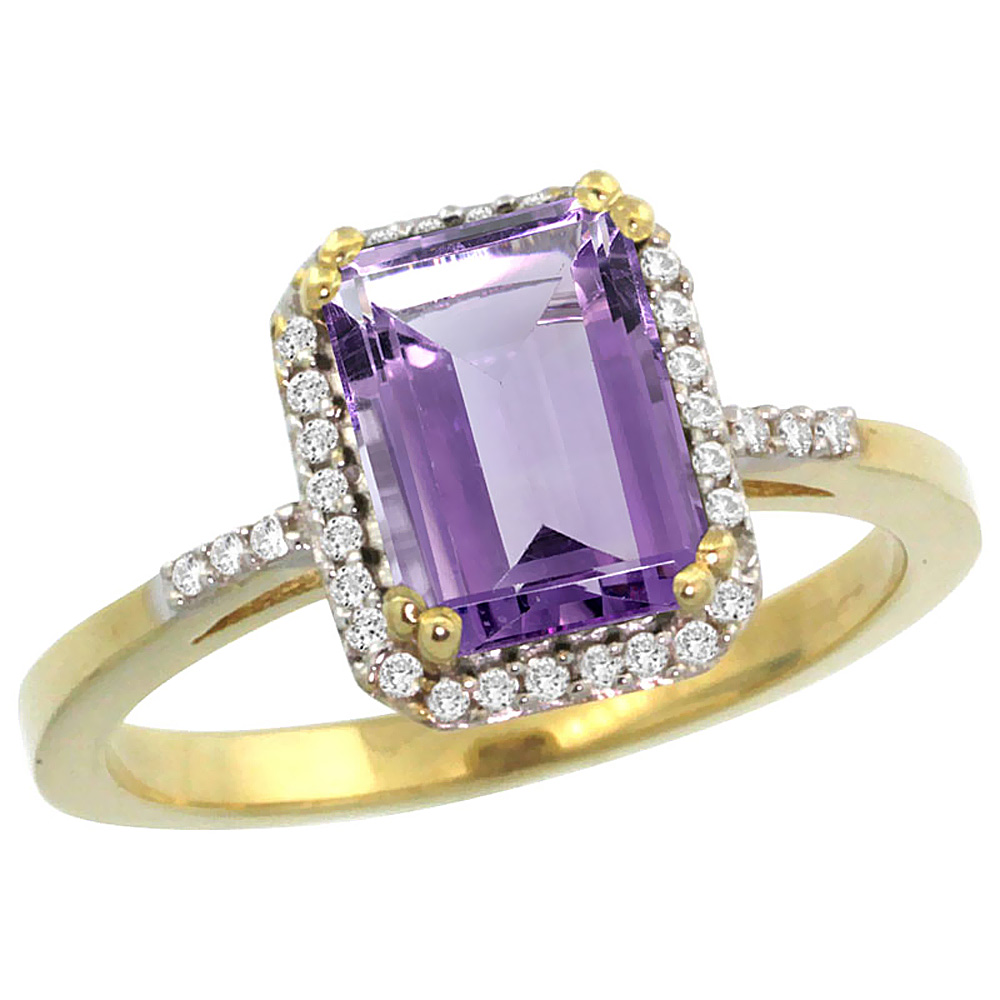 14K Yellow Gold Diamond Natural Amethyst Ring Emerald-cut 8x6mm, sizes 5-10