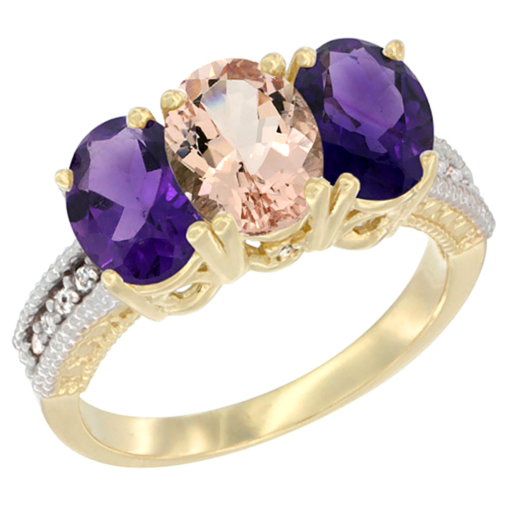 14K Yellow Gold Natural Morganite & Amethyst Ring 3-Stone 7x5 mm Oval Diamond Accent, sizes 5 - 10