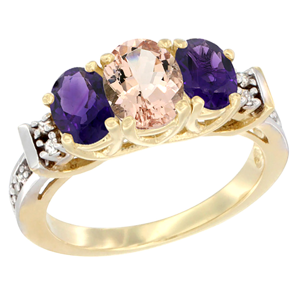 10K Yellow Gold Natural Morganite & Amethyst Ring 3-Stone Oval Diamond Accent