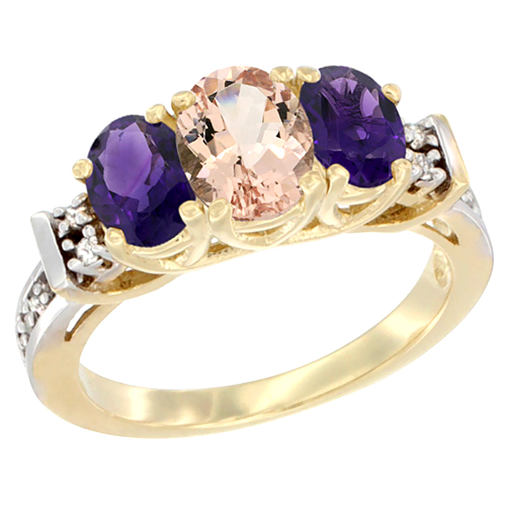 10K Yellow Gold Natural Morganite &amp; Amethyst Ring 3-Stone Oval Diamond Accent