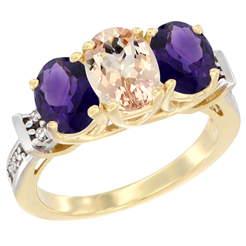 10K Yellow Gold Natural Morganite & Amethyst Sides Ring 3-Stone Oval Diamond Accent, sizes 5 - 10