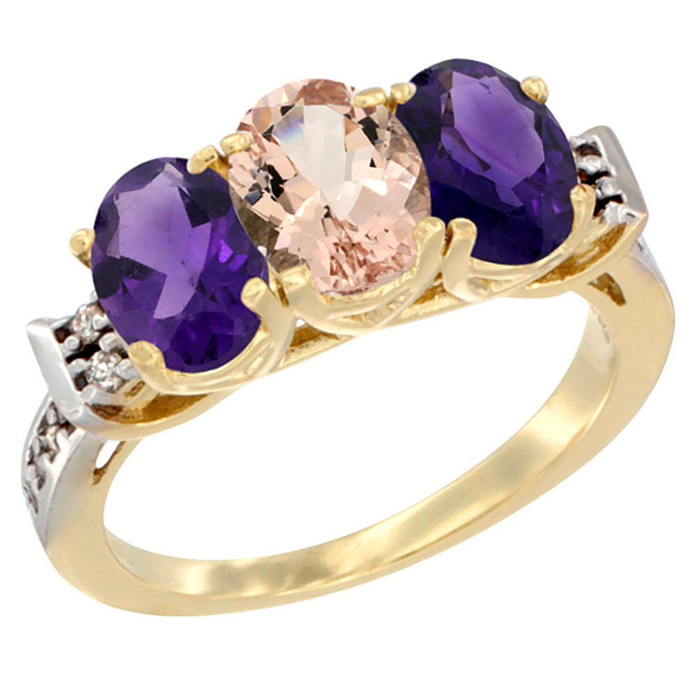 10K Yellow Gold Natural Morganite & Amethyst Sides Ring 3-Stone Oval 7x5 mm Diamond Accent, sizes 5 - 10