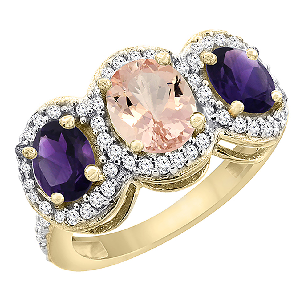 14K Yellow Gold Natural Morganite & Amethyst 3-Stone Ring Oval Diamond Accent, sizes 5 - 10