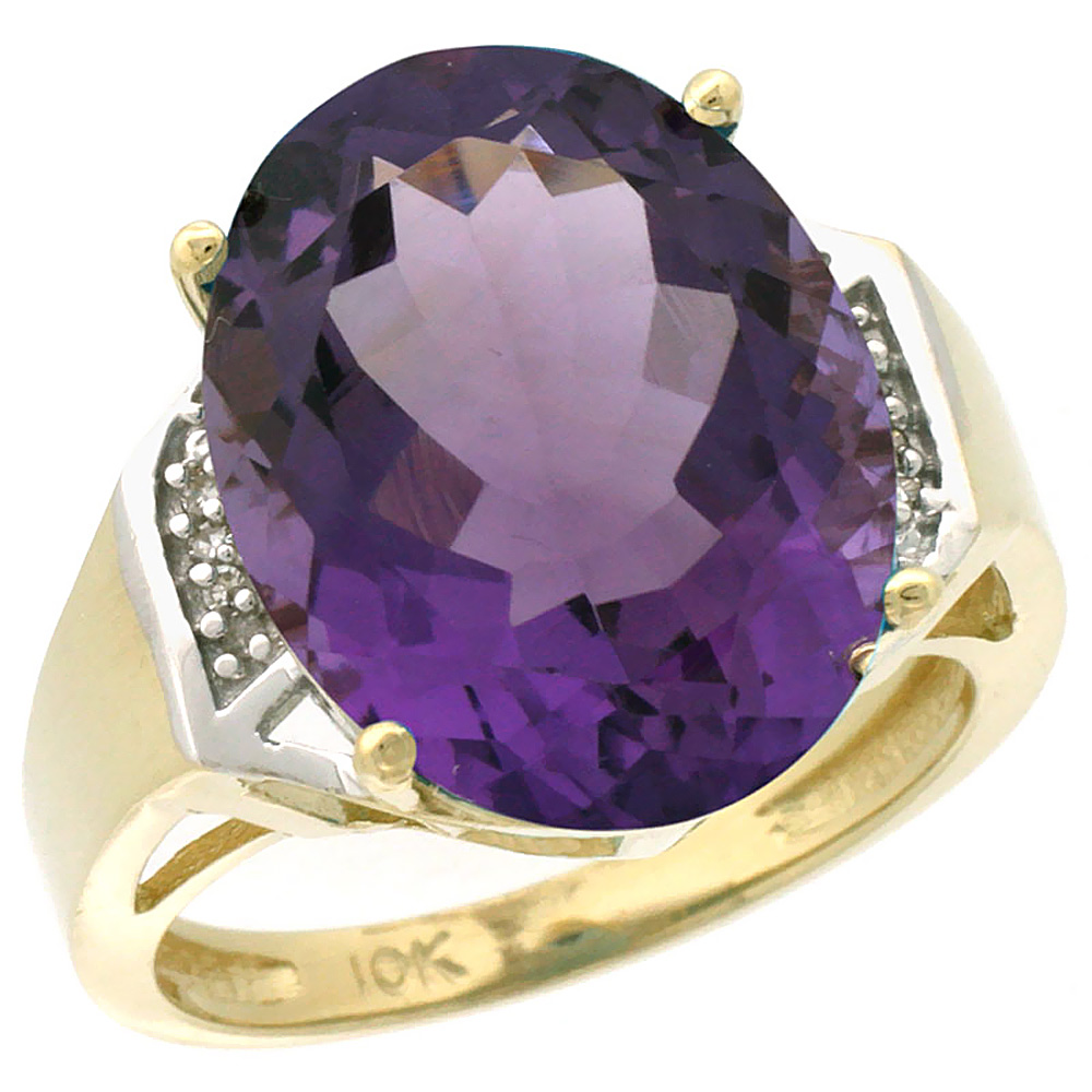 14K Yellow Gold Diamond Natural Amethyst Ring Oval 16x12mm, sizes 5-10