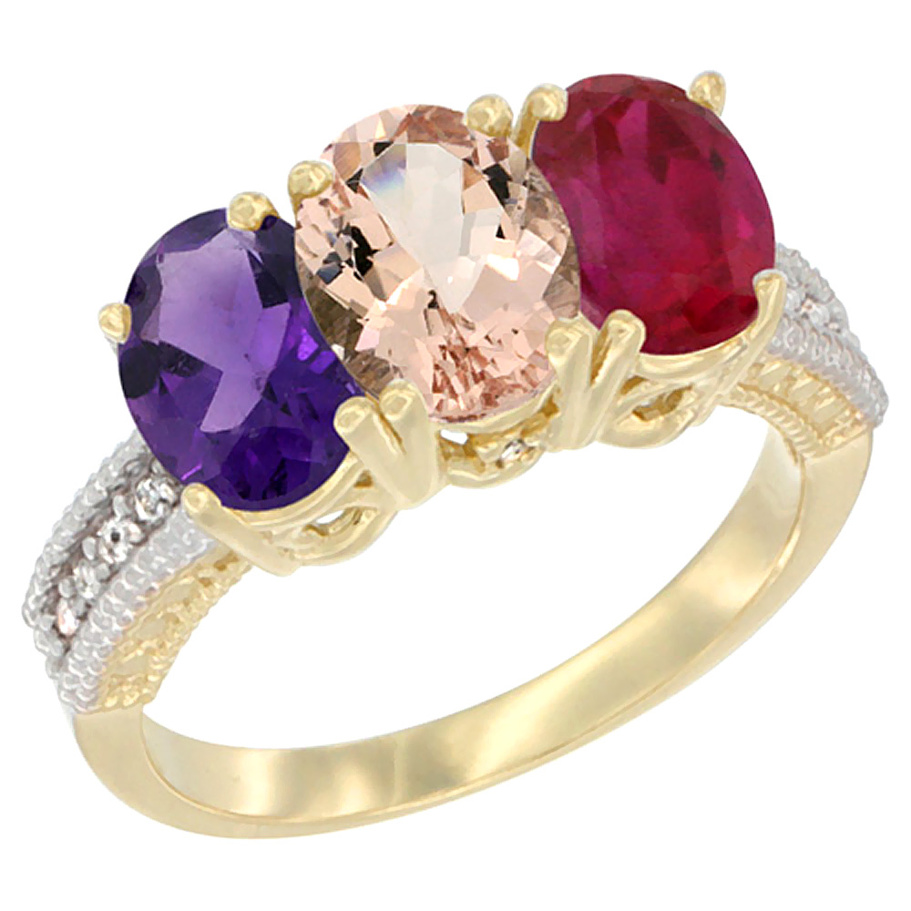 14K Yellow Gold Natural Amethyst, Morganite & Enhanced Ruby Ring 3-Stone 7x5 mm Oval Diamond Accent, sizes 5 - 10