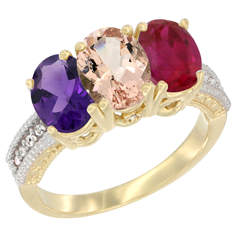 10K Yellow Gold Diamond Natural Amethyst, Morganite &amp; Enhanced Ruby Ring Oval 3-Stone 7x5 mm,sizes 5-10