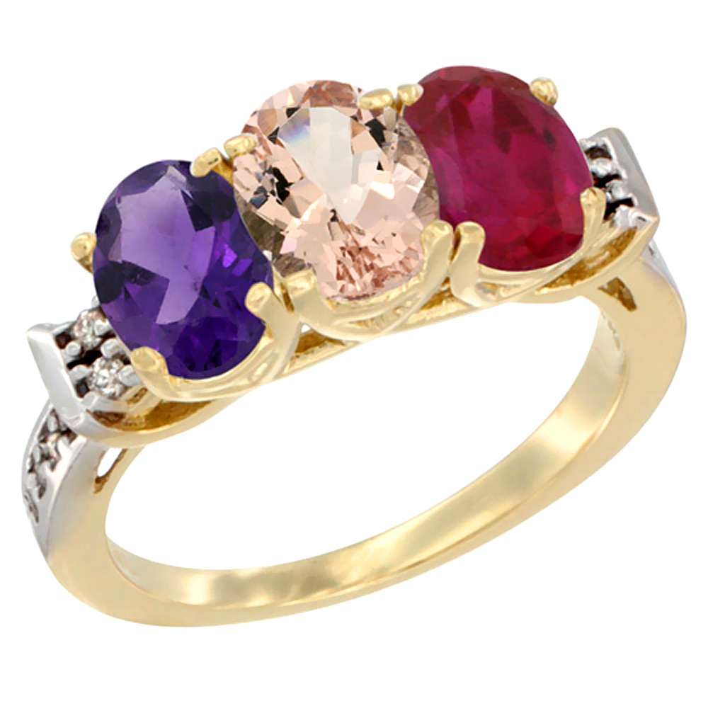 14K Yellow Gold Natural Amethyst, Morganite & Enhanced Ruby Ring 3-Stone 7x5 mm Oval Diamond Accent, sizes 5 - 10