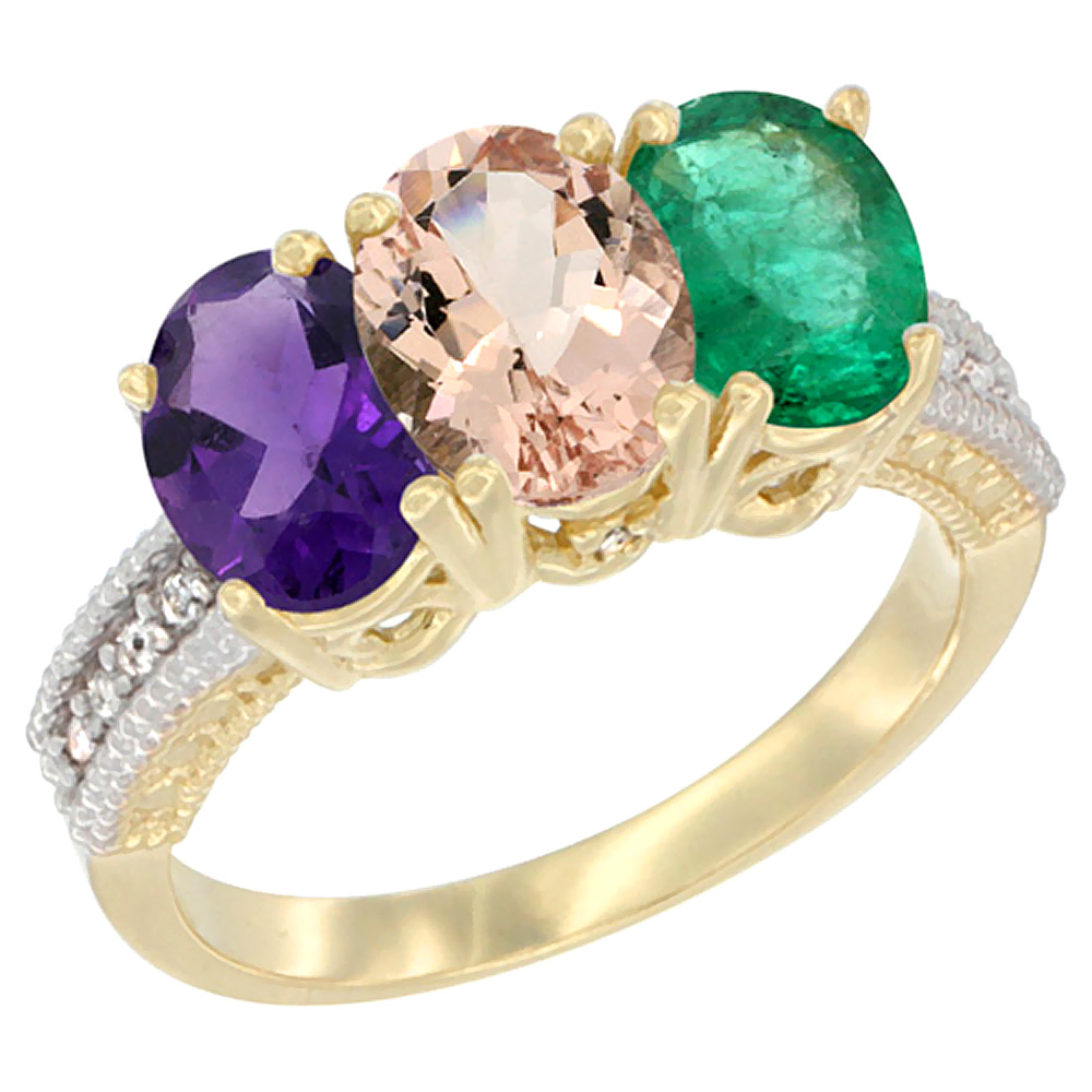 10K Yellow Gold Diamond Natural Amethyst, Morganite & Emerald Ring Oval 3-Stone 7x5 mm,sizes 5-10