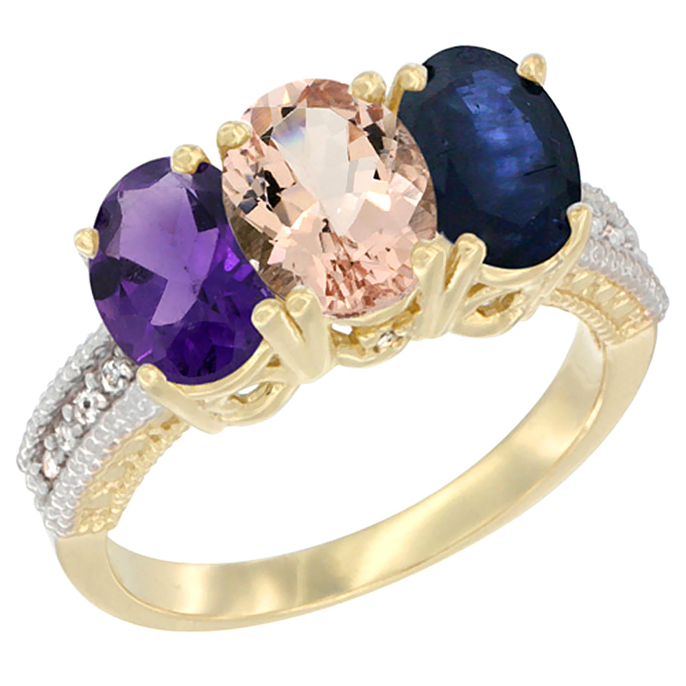 14K Yellow Gold Natural Amethyst, Morganite &amp; Blue Sapphire Ring 3-Stone 7x5 mm Oval Diamond Accent, sizes 5 - 10