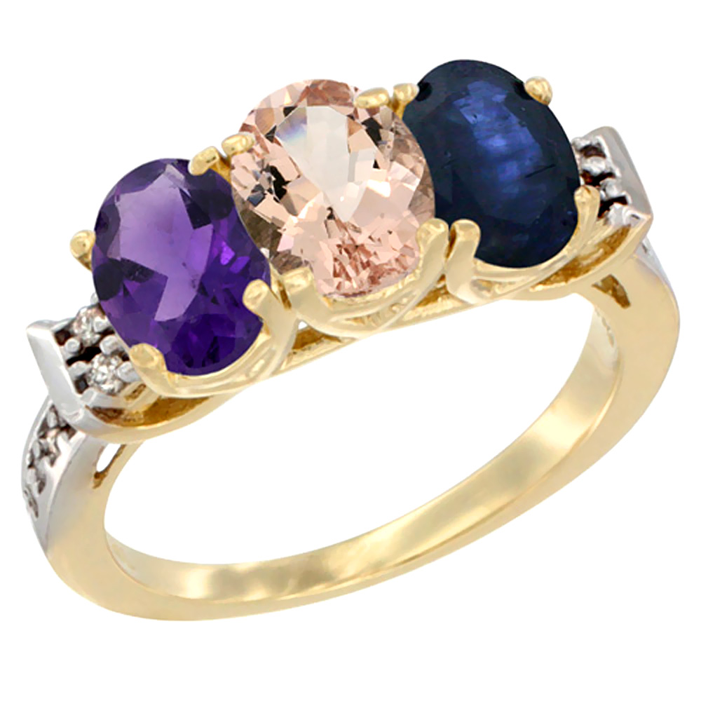 10K Yellow Gold Natural Amethyst, Morganite &amp; Blue Sapphire Ring 3-Stone Oval 7x5 mm Diamond Accent, sizes 5 - 10