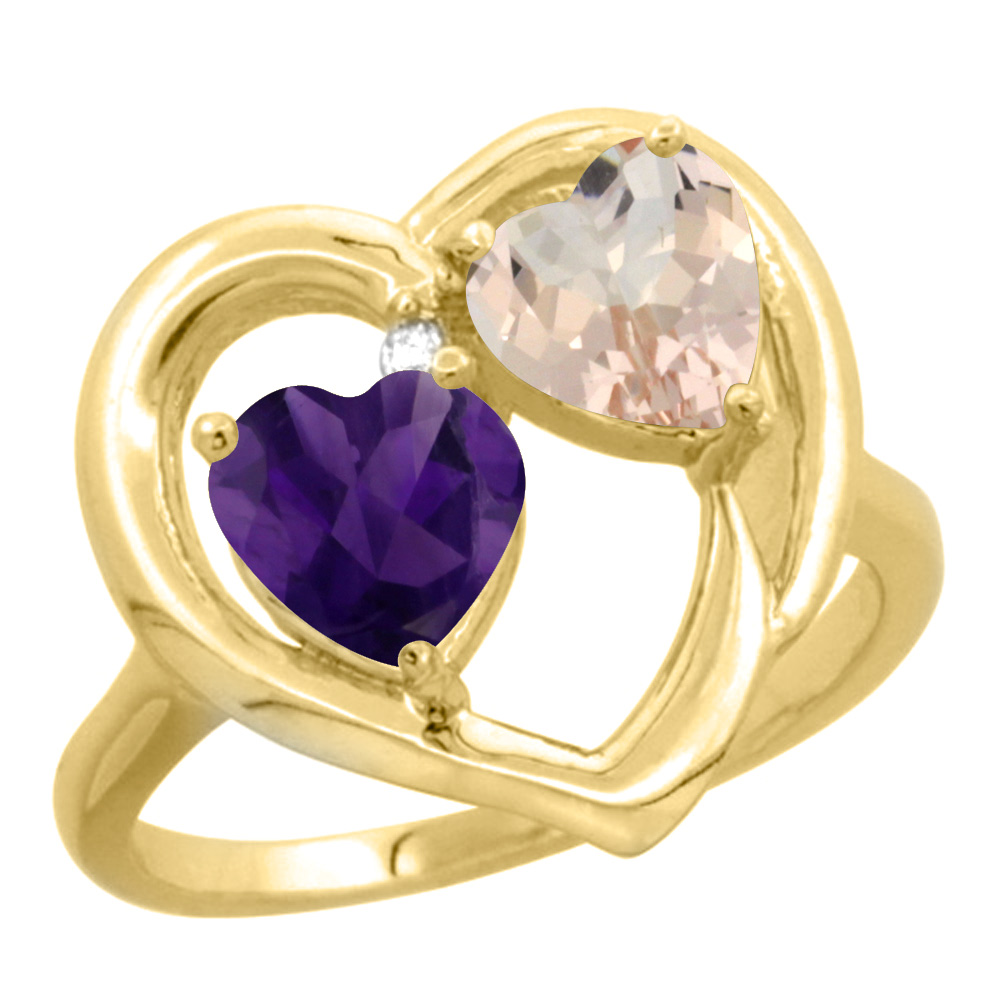 10K Yellow Gold Diamond Two-stone Heart Ring 6mm Natural Amethyst & Morganite, sizes 5-10