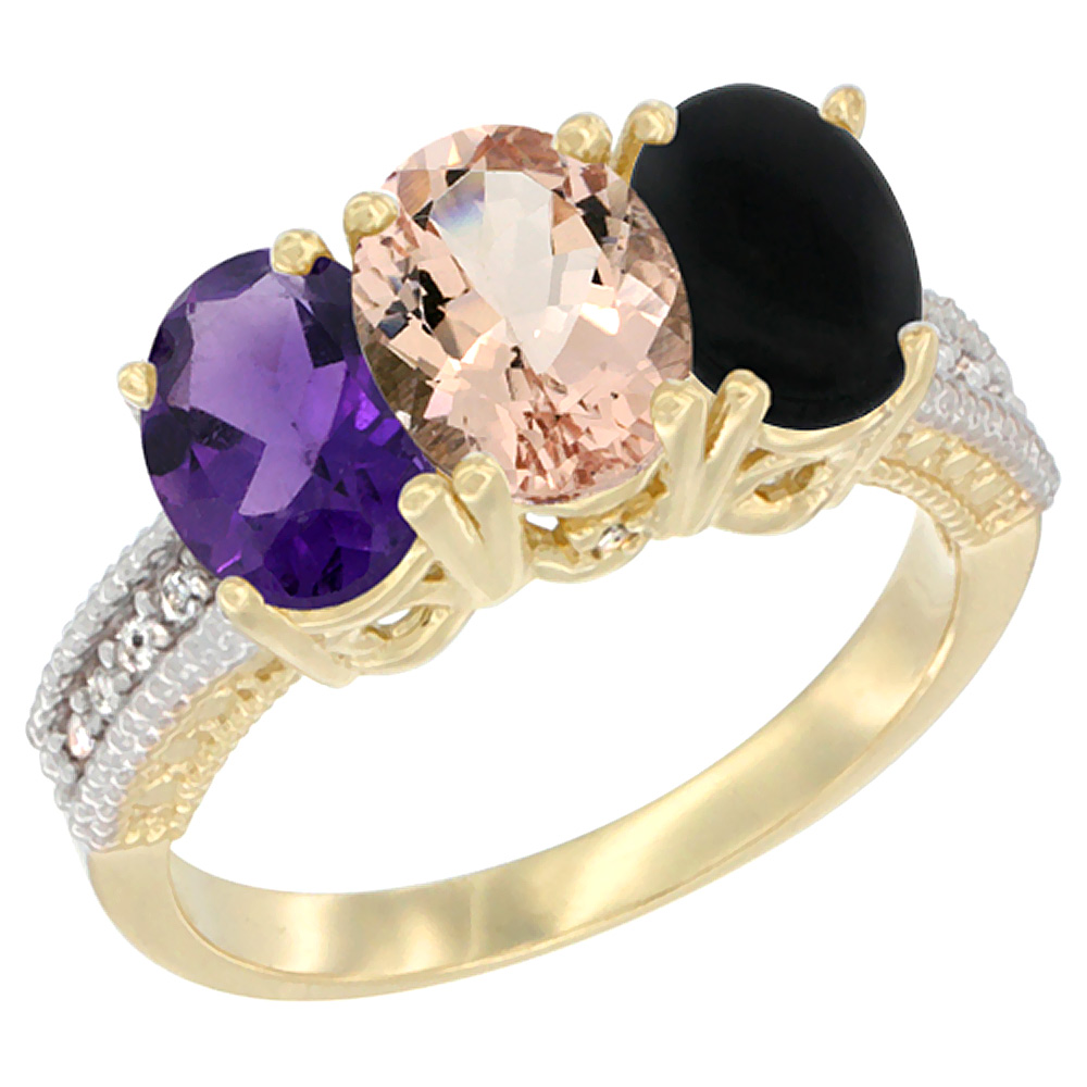 10K Yellow Gold Diamond Natural Amethyst, Morganite & Black Onyx Ring Oval 3-Stone 7x5 mm,sizes 5-10