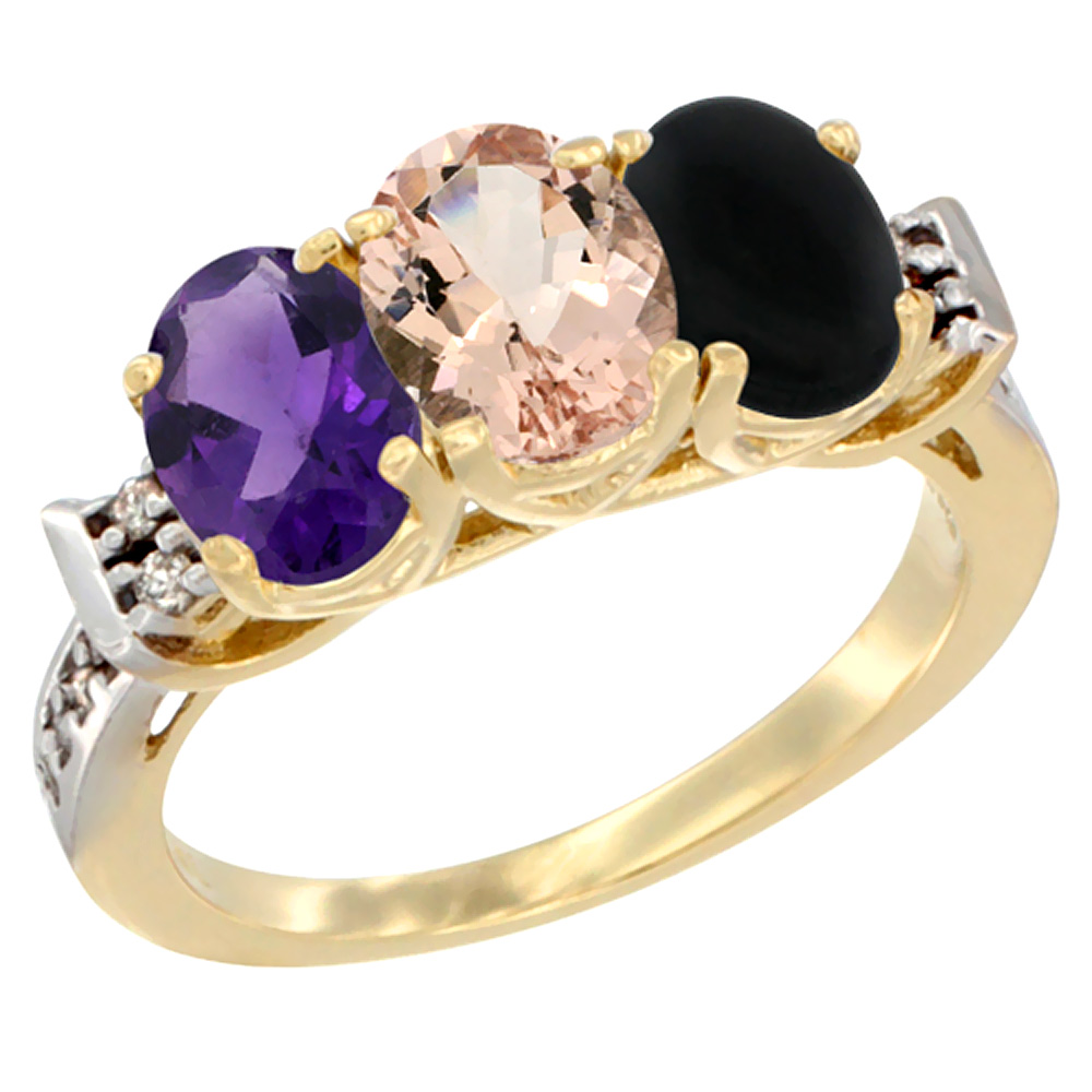 14K Yellow Gold Natural Amethyst, Morganite & Black Onyx Ring 3-Stone 7x5 mm Oval Diamond Accent, sizes 5 - 10