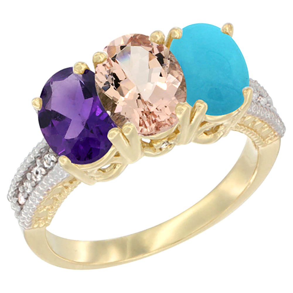 14K Yellow Gold Natural Amethyst, Morganite &amp; Turquoise Ring 3-Stone 7x5 mm Oval Diamond Accent, sizes 5 - 10