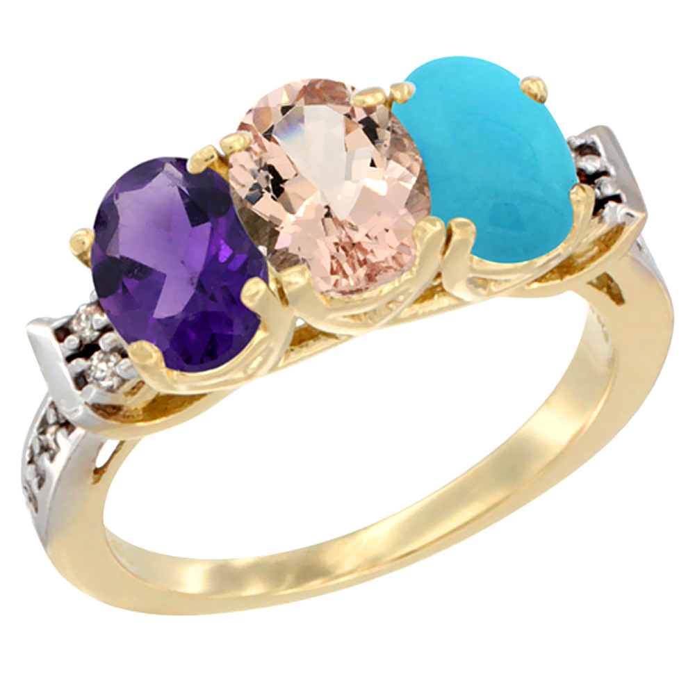 10K Yellow Gold Natural Amethyst, Morganite &amp; Turquoise Ring 3-Stone Oval 7x5 mm Diamond Accent, sizes 5 - 10