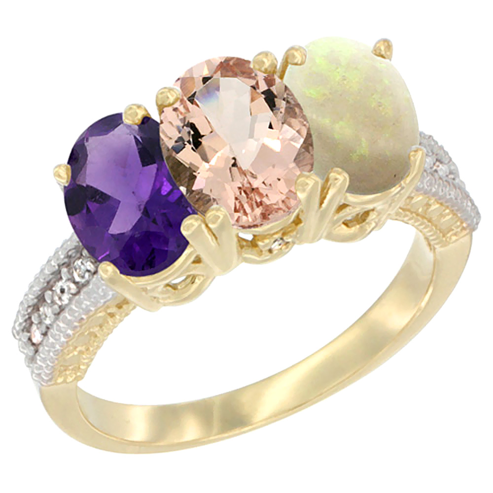 14K Yellow Gold Natural Amethyst, Morganite & Opal Ring 3-Stone 7x5 mm Oval Diamond Accent, sizes 5 - 10