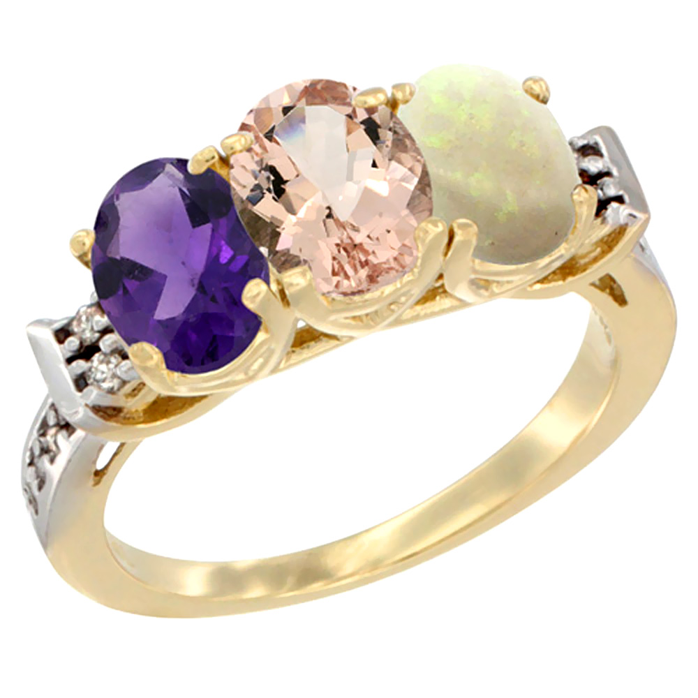 10K Yellow Gold Natural Amethyst, Morganite &amp; Opal Ring 3-Stone Oval 7x5 mm Diamond Accent, sizes 5 - 10