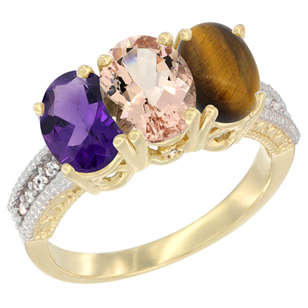 14K Yellow Gold Natural Amethyst, Morganite &amp; Tiger Eye Ring 3-Stone 7x5 mm Oval Diamond Accent, sizes 5 - 10